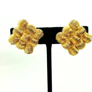 80S CIRO Gold Tone Textured Square Clip On Earrings Runway Signed Statment